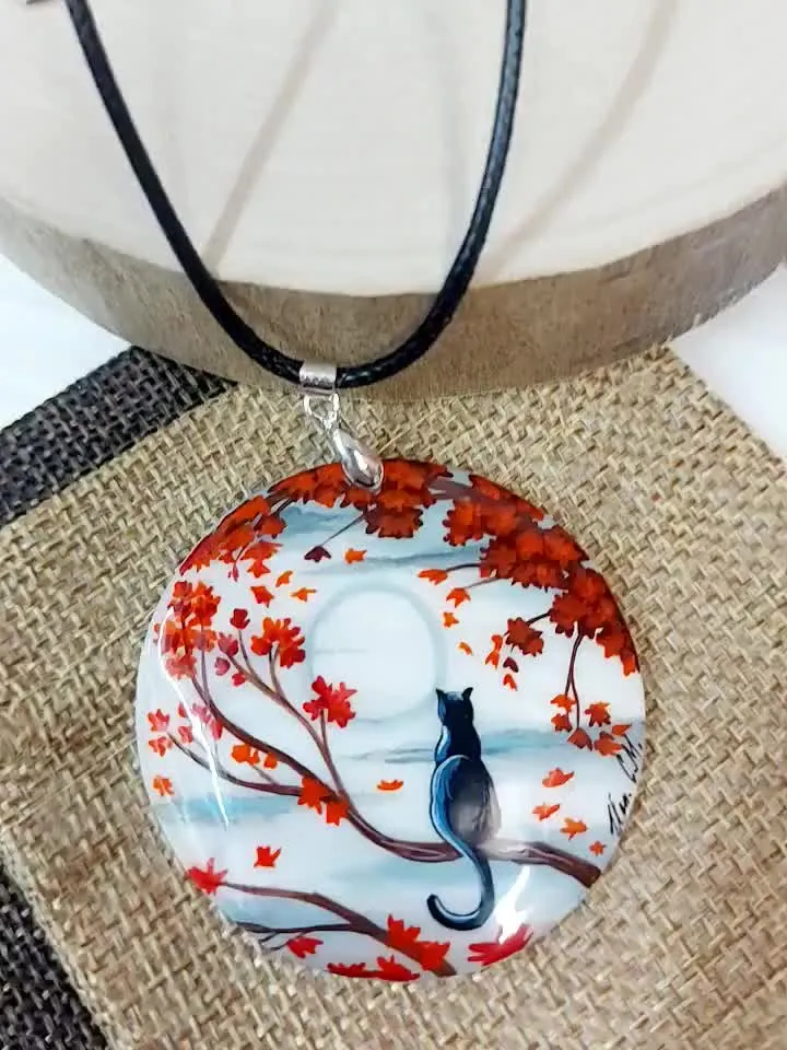 Mother-of-pearl Russian Beautiful Pendant"Black Cat"Hand-painted Summer jewelry Russian jewelry magic of painting fine art jewelry Fedoskino