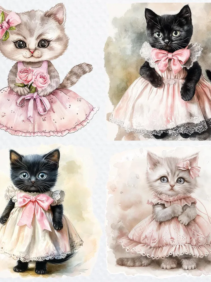 18 Kitten in dress PNG bundle, Floral Kitten Shabby Chic Clipart, Printable Watercolor floral cat Clipart for sublimation, junk journal