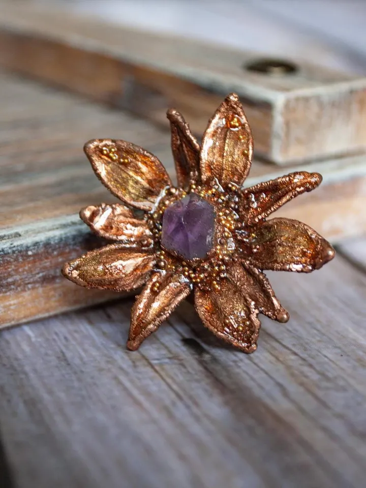 Unique handmade electroformed ring with amethyst