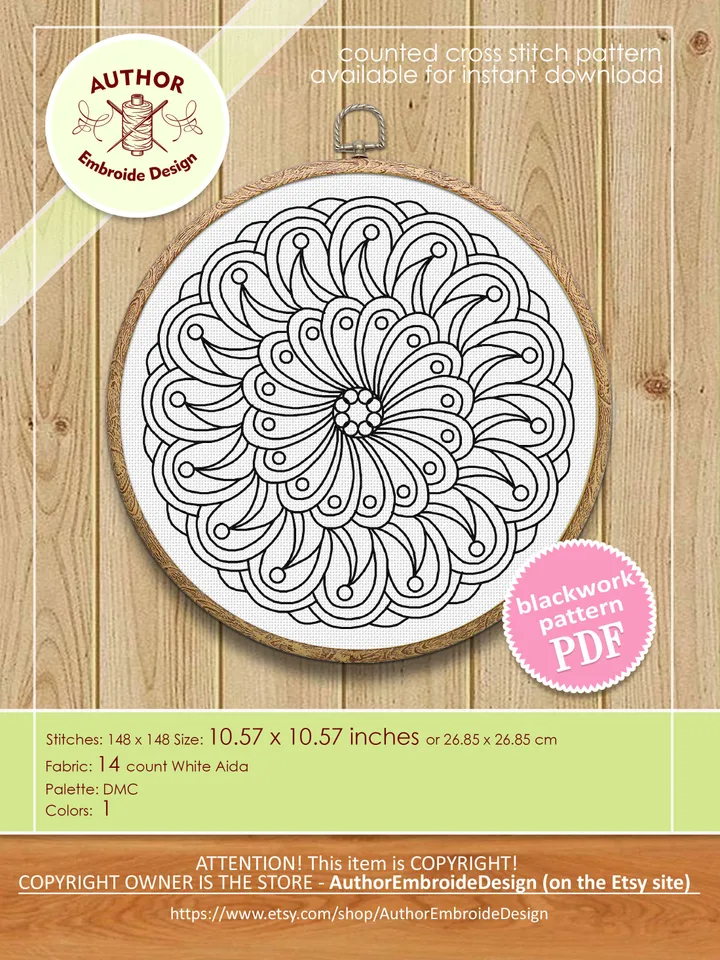 Floral mandala blackwork pattern PDF download Backstitch chart Mandala ornament, Blackwork mandala embroidery PDF, Mandala cross stitch #W40