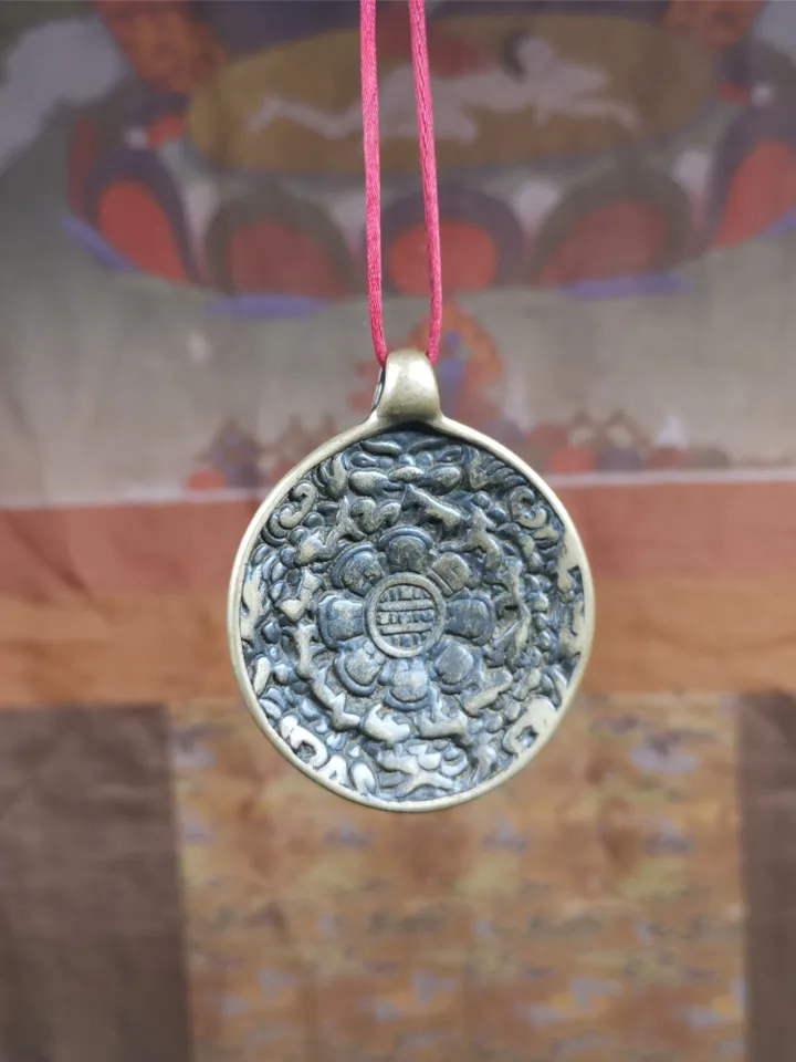 Gandhanra Handmade Tibetan Buddhist Amulet,Melong Mirror, SIPAHO(srid pa ho),Jiugong Bagua Badge,made of Brass,1.8"
