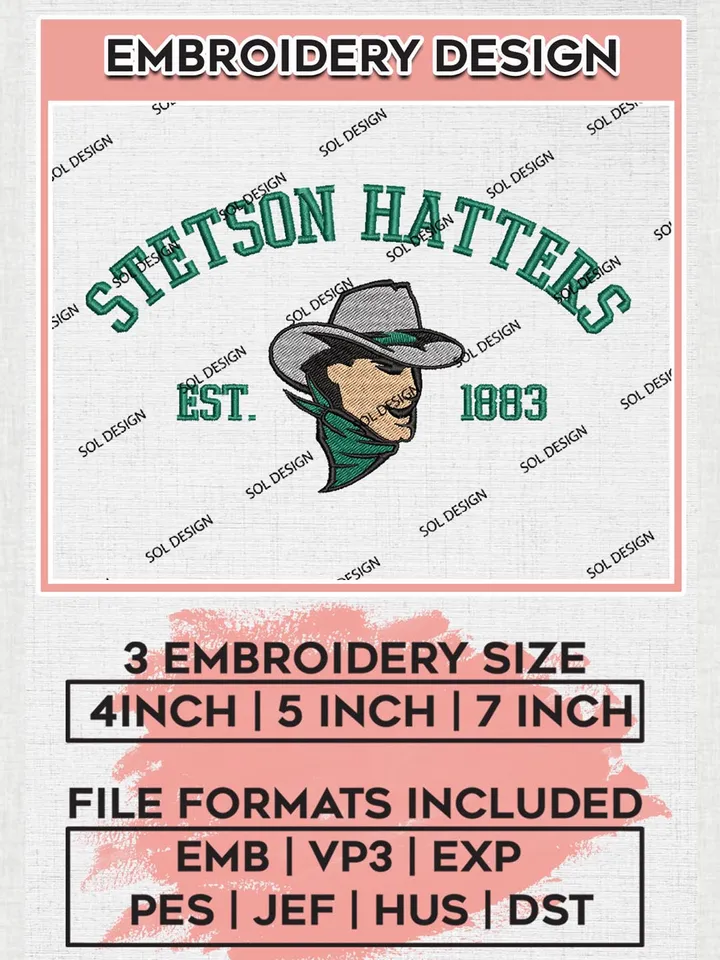Stetson Hatters Est 1883 Logo Embroidery Designs, NCAA Stetson Hatters Team Embroidery, NCAA Team Logo, 3 sizes, Machine embroidery Files, Digital Download