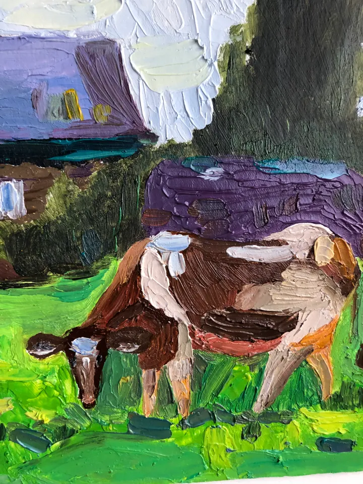 In the village Cow original oil painting hand painted impasto painting farmhouse wall art 6x9 inches
