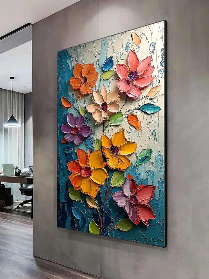 Large Impasto Floral Painting, Textured 3D Flower Artwork, Colorful Original Art, Wall Art Decor, Modern Abstract Flowers,Home Office Decor