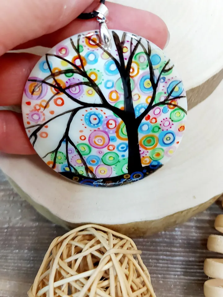 Mother-of-pearl Russian hand-painted necklace The Tree of Happiness Hand paint necklace pendant MOP pendant Hand painted miniature painting