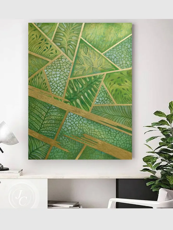 Green and Gold Abstract Wall Art Chartreuse Original art Floral Painting Botanical Art Green leaves art