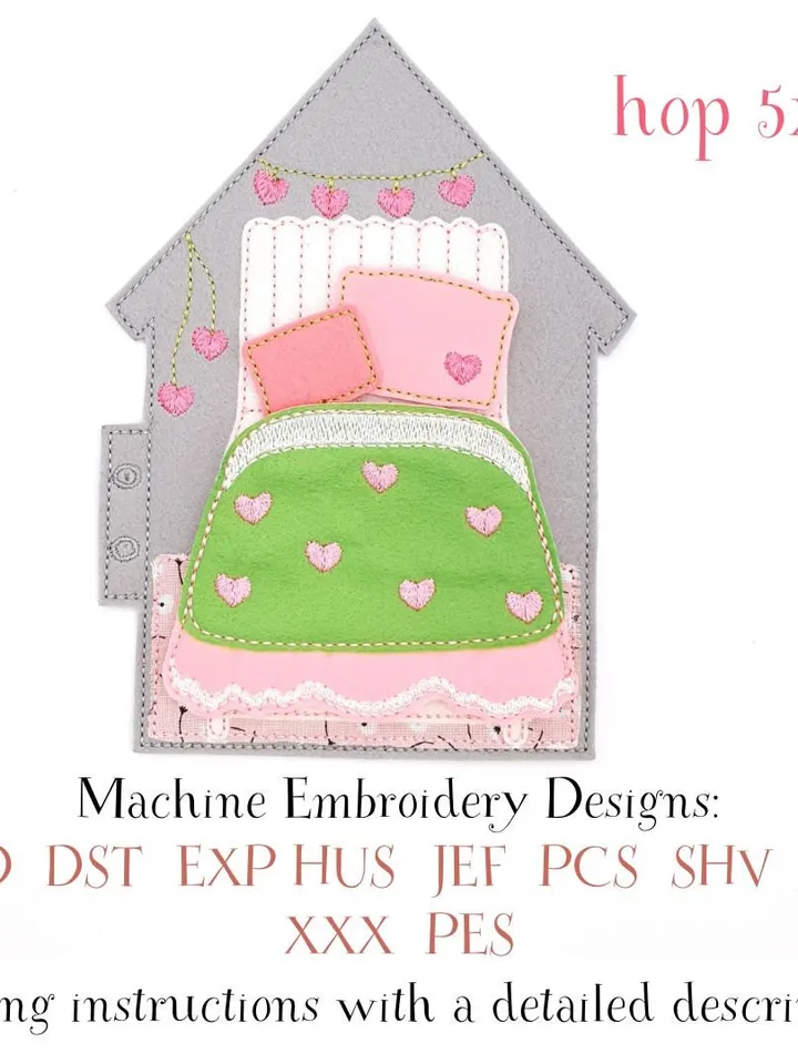 TH Dollhouse Bedroom Page Embroidery Design, Felt Quiet Book Bed Scene Pattern, 5x7 Hoop Digital File