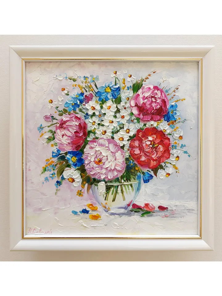 Original oil painting Peonies and Daisies Bright bouquet of flowers 8 by 8 inches (20x20cm) by OilPaintingNatali