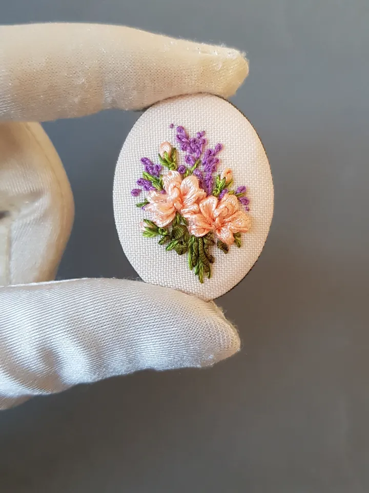 Ribbon embroidered brooch for her, hand embroidery jewelry, art.35