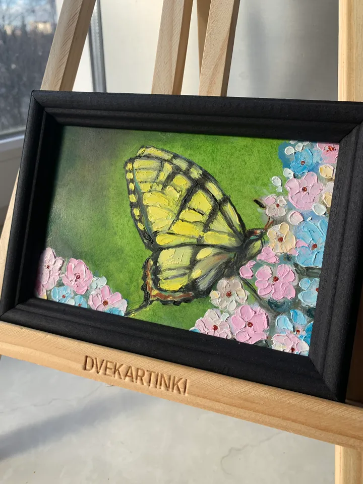 Butterfly in hydrangea original oil impasto painting in frame