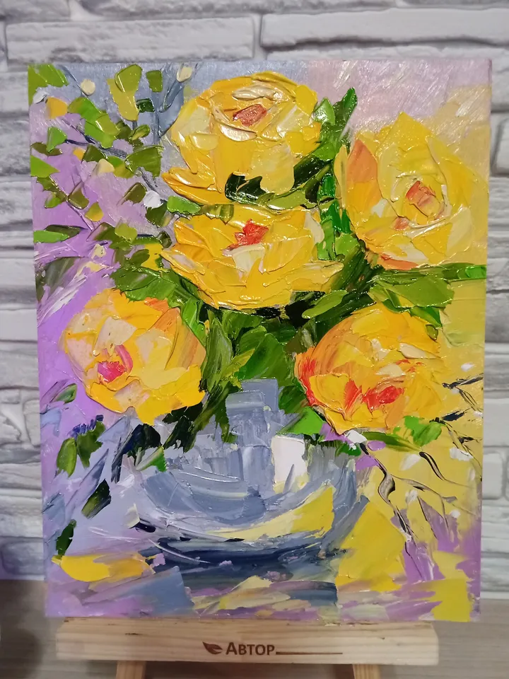 Roses Yellow Painting Original Art Impasto Oil Painting on Cardboard