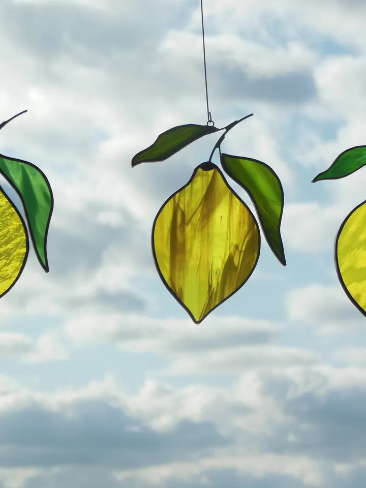 Lemon stained glass window hanging Suncatcher (texture RR) Fruit Kitchen Decor