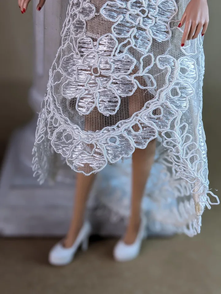 Handmade white & beige lace dress for 13-inch fashion dolls