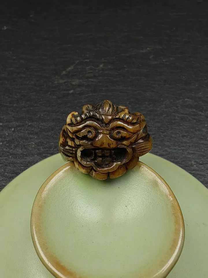 ONLY ONE - Gandhanra Hand Carved Tibetan Yak Bone Ring, Snow Lion Pattern,US Size 7.5,Inner Diameter 17.75mm