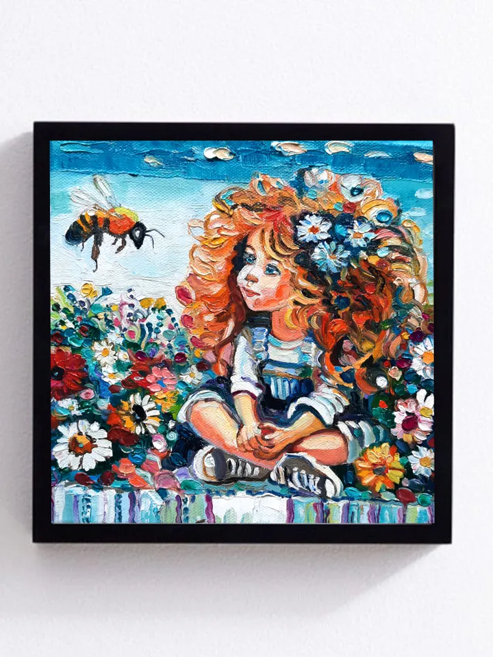 Funny Girl and Bee Original Oil painting 6 by 6 inch