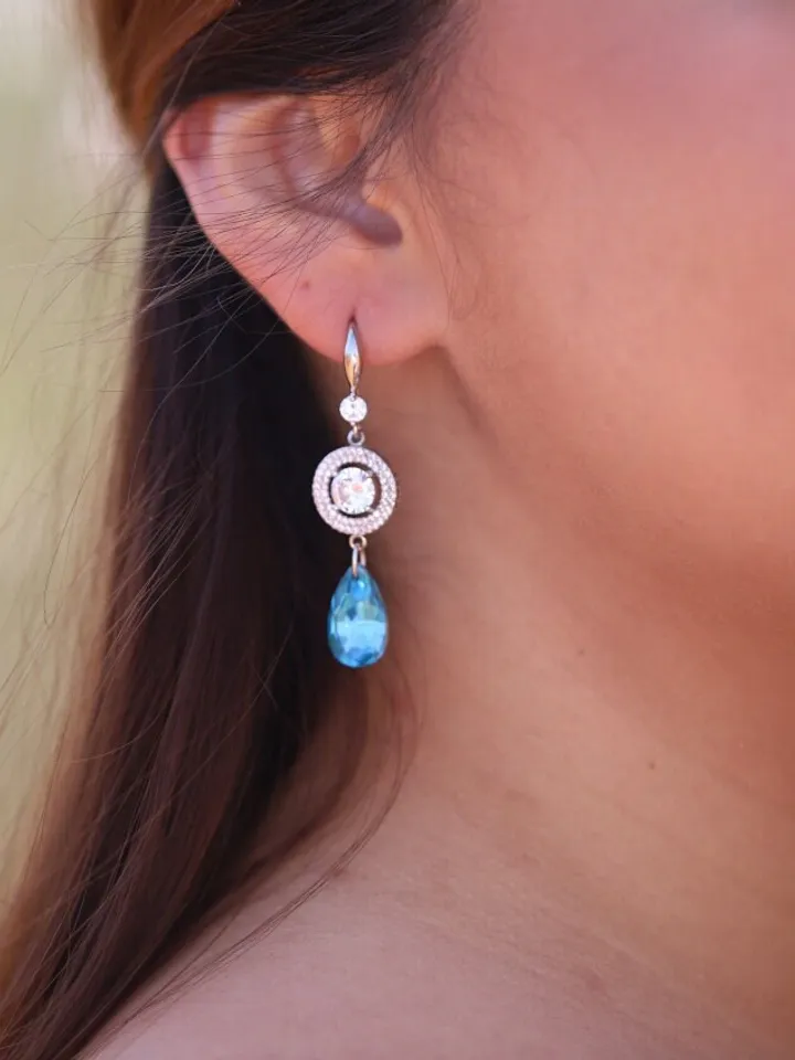 Silver Rose Gold Blue Swarovski Crystal Statement Wedding Earrings, Teardrop Bridal Earrings, Statement Wedding Jewelry, Bridesmaid Gift,