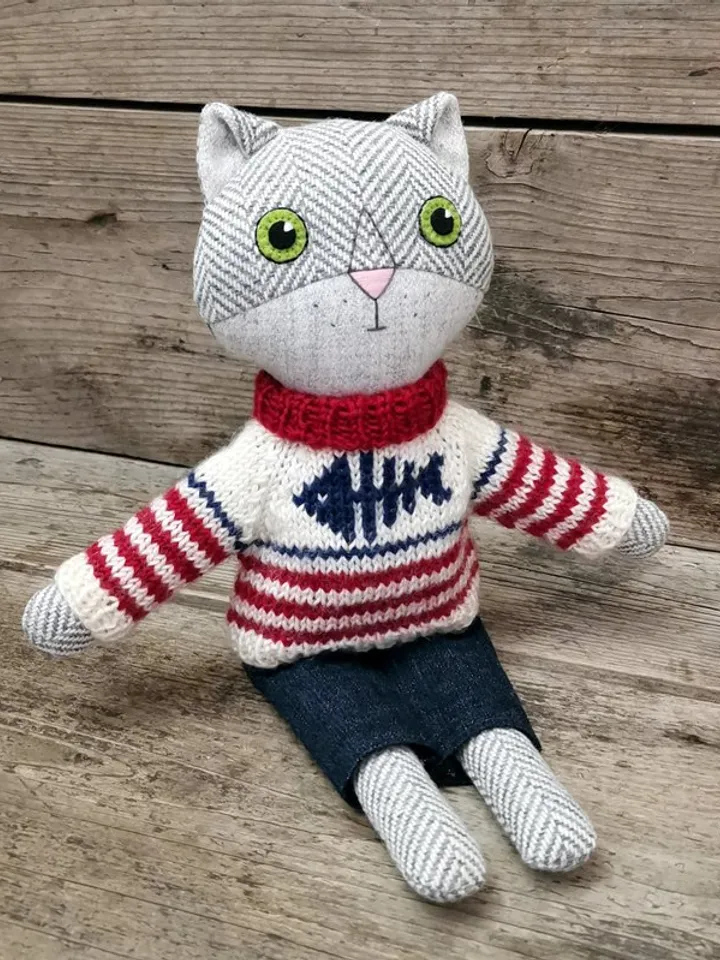 Gray cat boy, handmade wool plush doll, stuffed kitten toy, cat soft doll