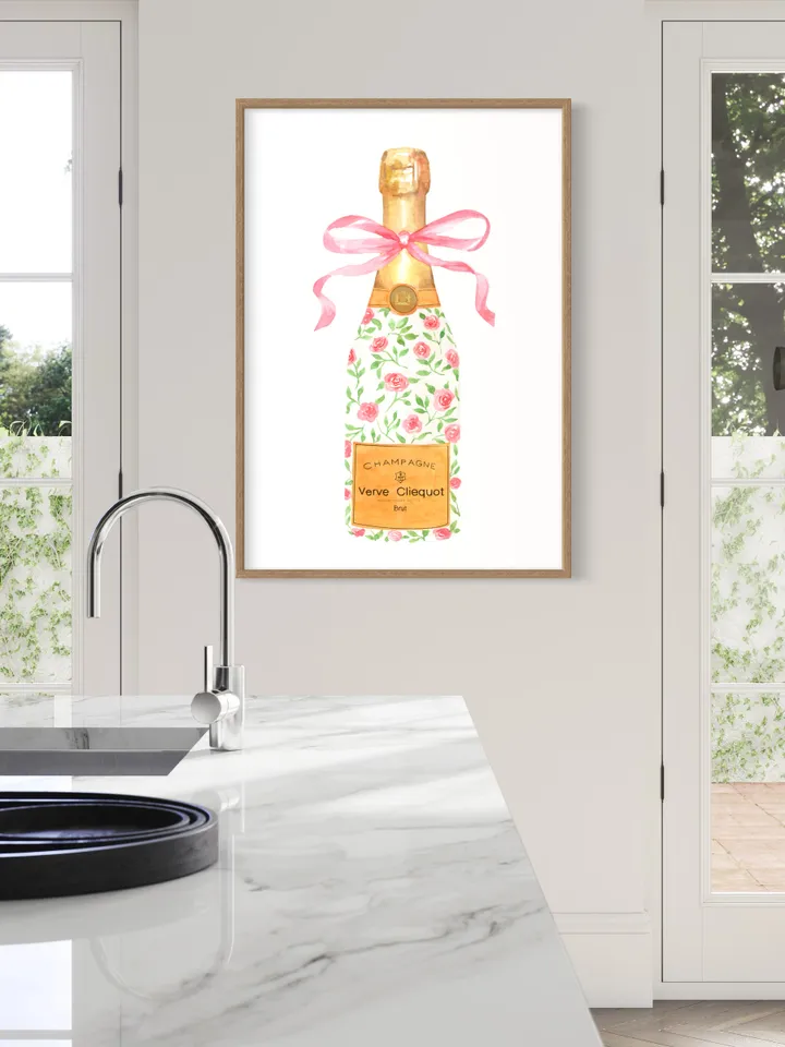 Champagne Bottle Chinoiserie Style Wall Art Print,Digital Download, Pink Watercolor Bar Cart Print, Cocktail Decor,Wine Wall Art