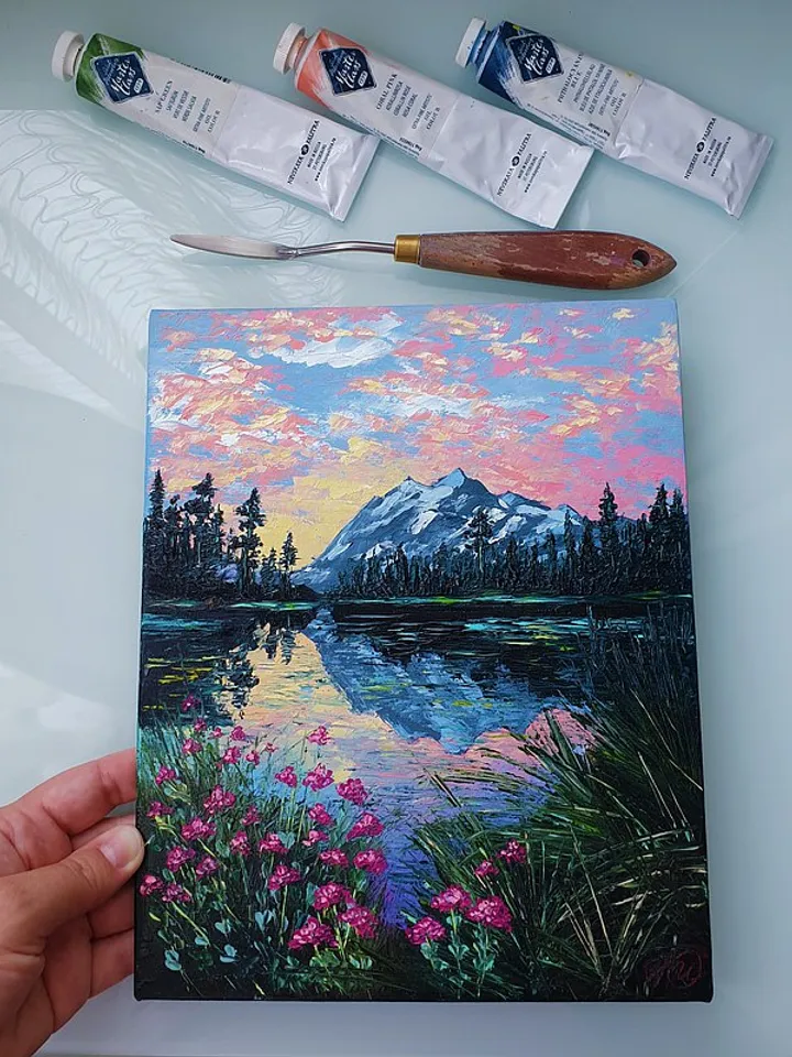 Mountain Painting Lake Original Art Sunset Artwork Landscape Impasto Painting