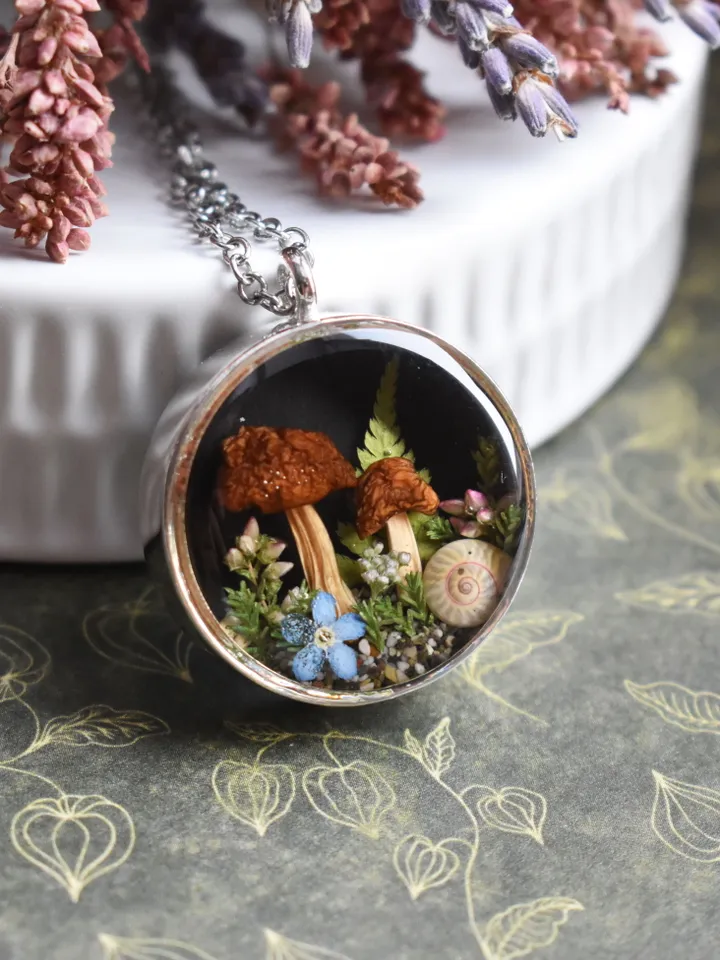 Real mushroom pendant. Necklace with dried mushrooms in resin. Necklace with a forest composition.