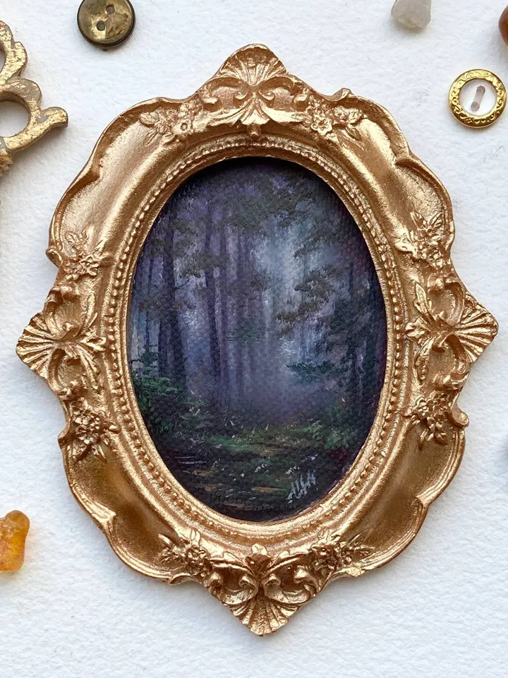 Forest Landscape Oil Painting Original In Vintage Style Frame Small Framed Oval Painting Art