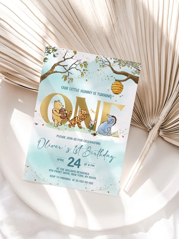 Classic Winnie Pooh Baby Birthday Invitation; Winnie Pooh Baby Birthday ; Greenery Baby Birthday; Honey Bear Birthday; Winnie Pooh wp