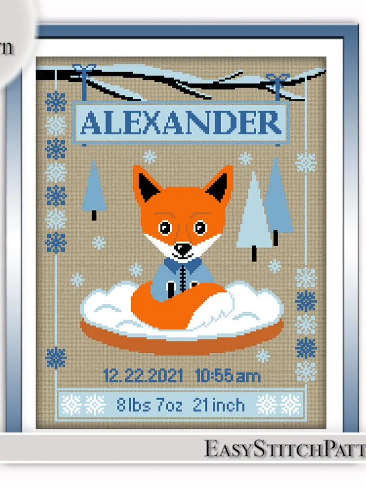 Baby Birth Announcement. Cute Fox Cross Stitch Pattern. Animal Cross Stitch. DIY. Customizable New Baby.
