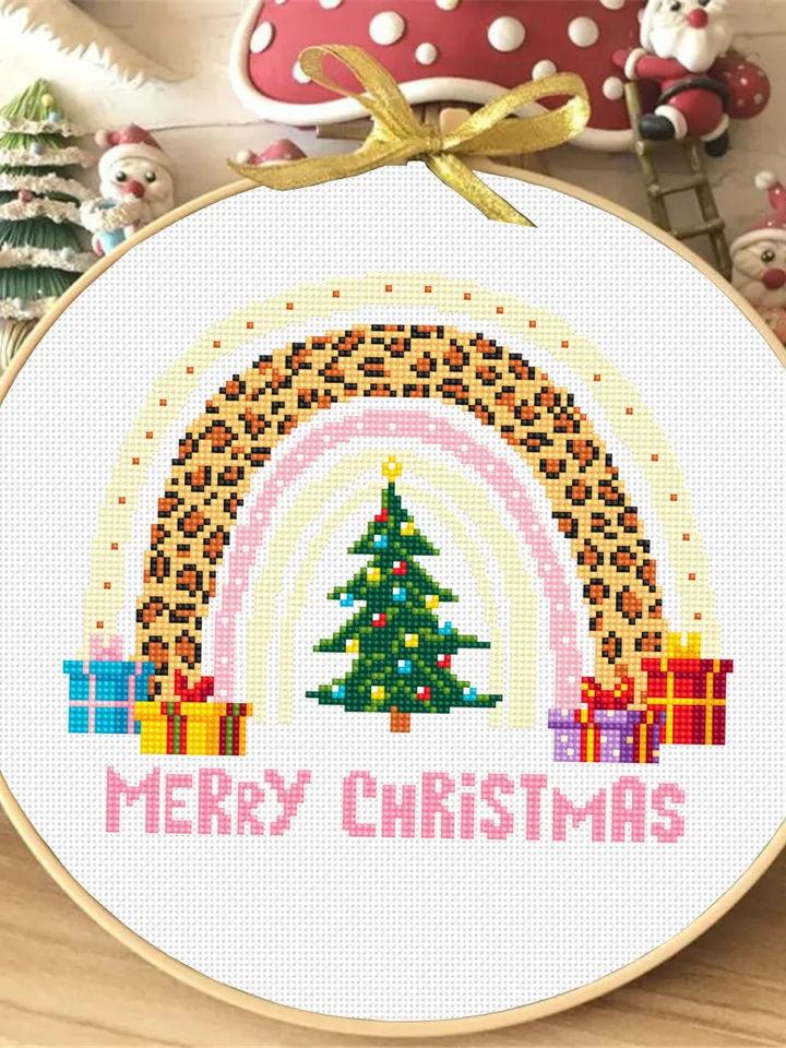 Christmas leopard rainbow cross stitch pattern PDF download, Christmas tree cross stitch, Christmas pattern digital PDF, Handmade gift #N137