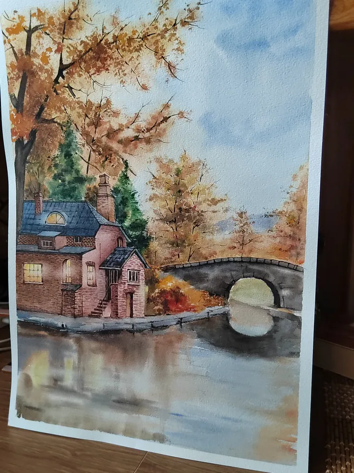Autumn Country Landscape Art Original Watercolor Painting 11.81x15.74 in by Art Café