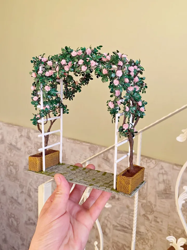 Arch with a weaving rose and a bench. Dollhouse accessories. 1:12. Doll garden. Plants for the doll.