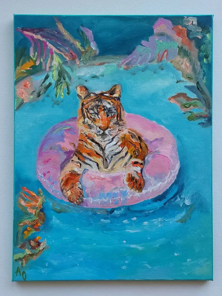 Oil painting 30x40cm (12x16 inches). Tigress at the resort