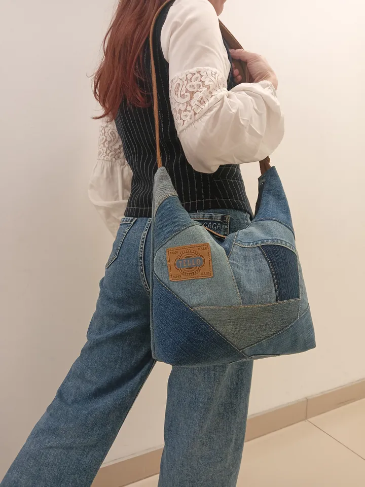 Comfortable Denim hobo bag, crossbody bag, gift for her, market bag, shabby  jeans, recycling jeans, hand bag, shoulder bag, shopping bag.