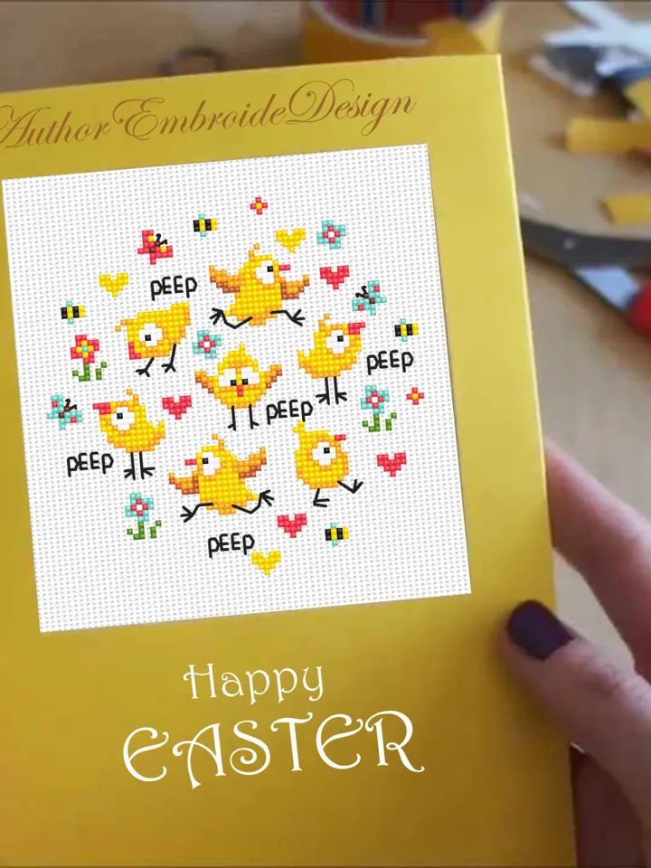 Cute chickens cross stitch pattern PDF download Small bird cross stitch chart, Chicken pattern digital PDF, Easter chicks sampler mini #K63