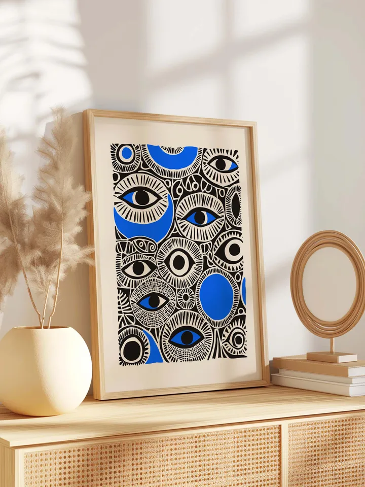 Abstract Eye Collage Print, Surreal Eye Wall Art, Bold Blue Black Poster, Eclectic Eye Decor, Whimsical Illustration, Digital Download