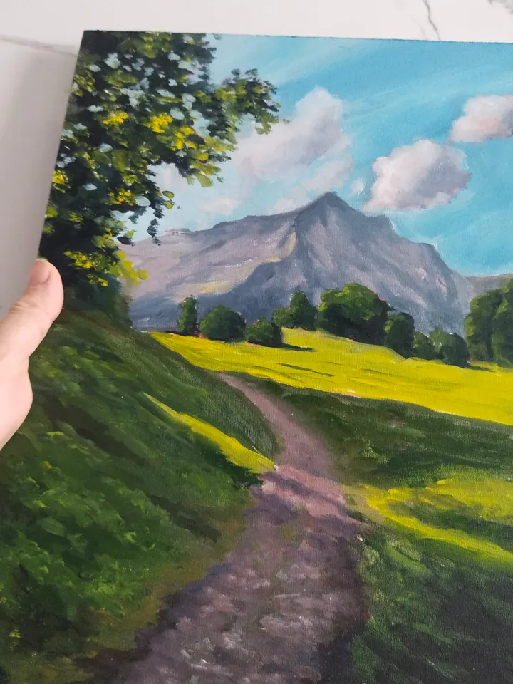 Landscape oil painting with mountains Switzerland Green hill and track Small artwork