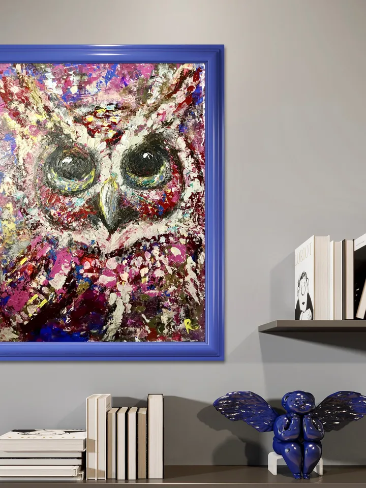 Colourful red owl painting on canvas board,original mix media brigh home decor wall hanging artwork,unique handmade gift for animal lovers
