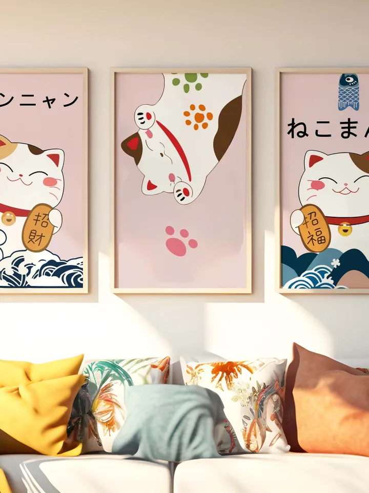 Japanese Style Poster Lucky Cat Printable Wall Art Cute Animal Art Print Modern Cartoon Wall Art Picture for living room Digital Home Decor