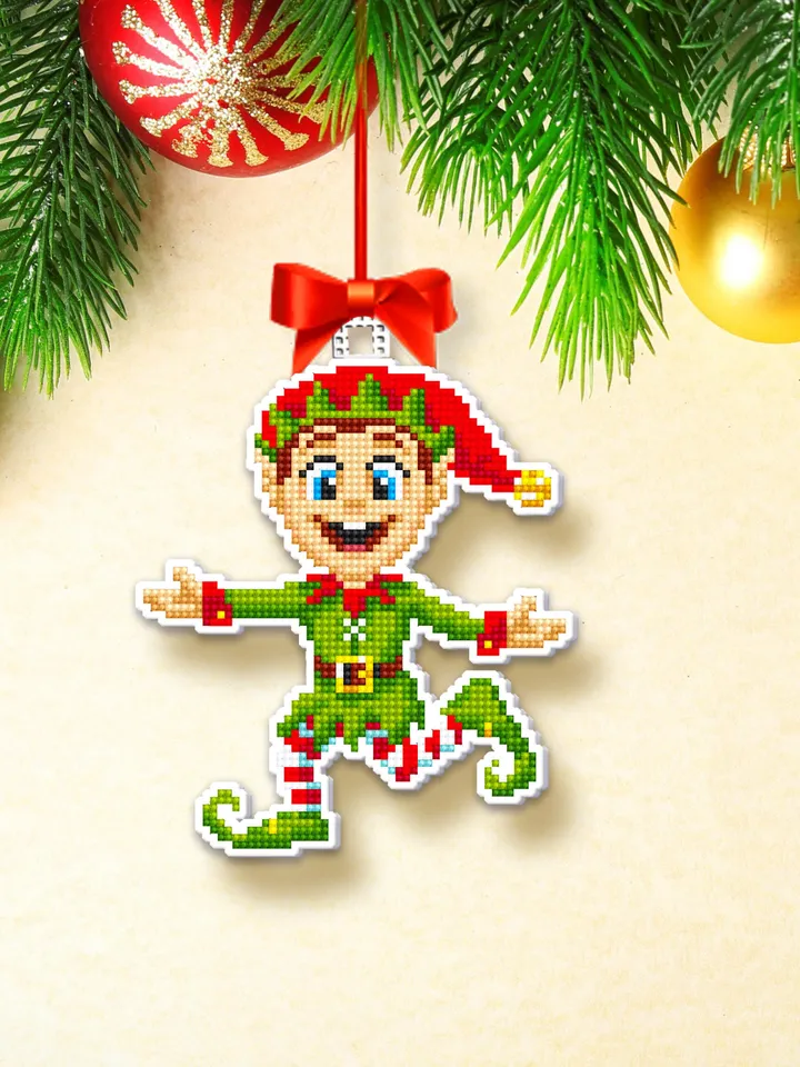 Christmas elf cross stitch pattern PDF download Double-sided Christmas tree decor for plastic canvas, Small Christmas ornament pattern #N123