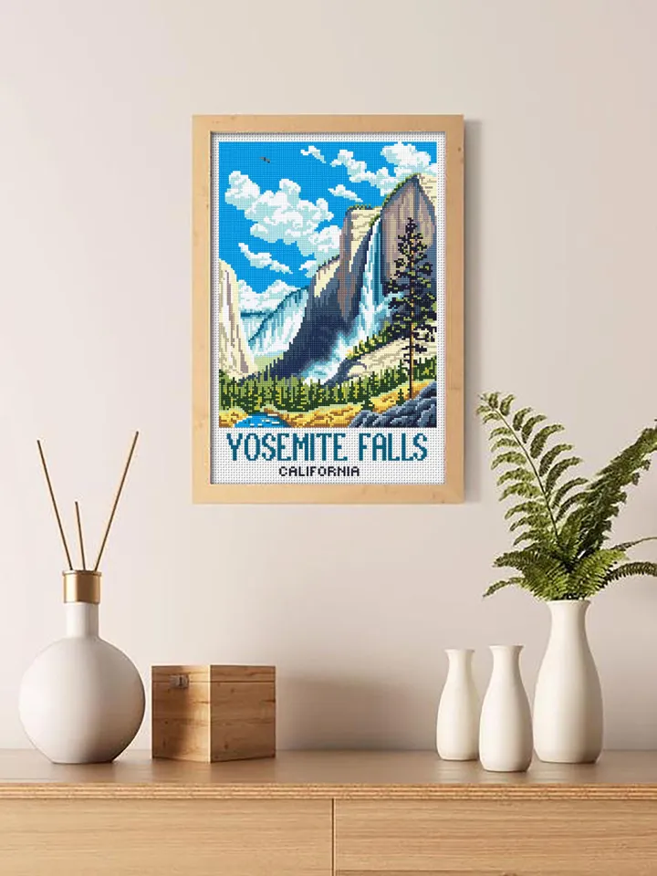 Yosemite falls national park cross stitch pattern PDF download Travel poster cross stitch chart, Mountain landscape pattern digital PDF #L96