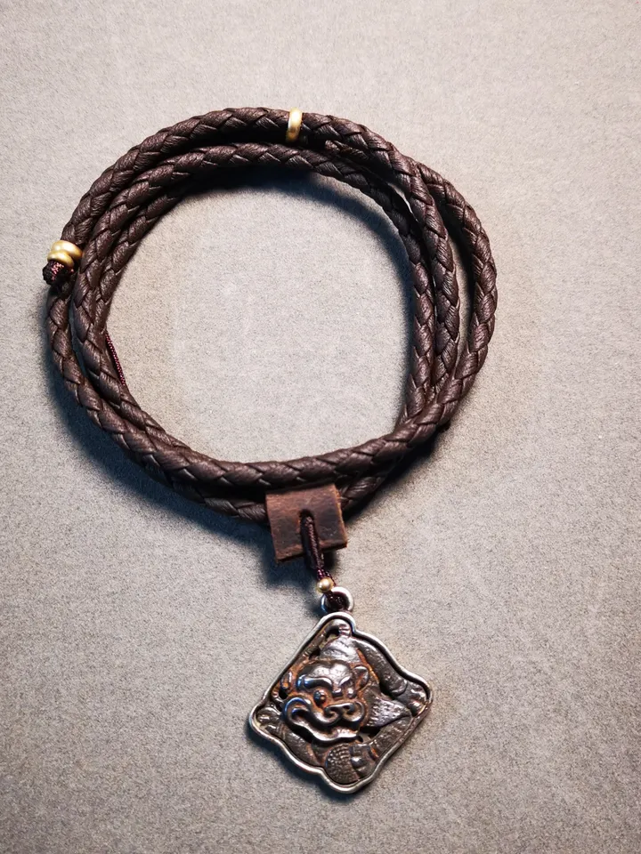 Gandhanra Antique Tibetan Buddhist Amulet,Tiger-the Four Dignities(Garuda,Tiger,Dragon,Lion),Buddhist Protective Talisman,Inlaid with Sliver