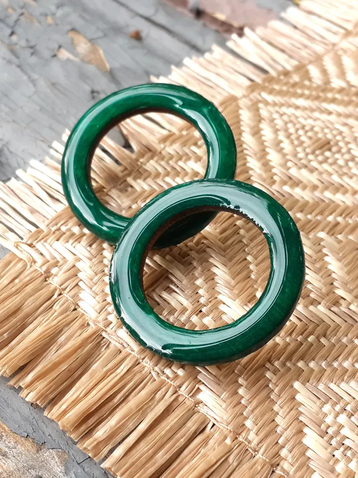 Green Round Earrings Hoop Wooden Studs