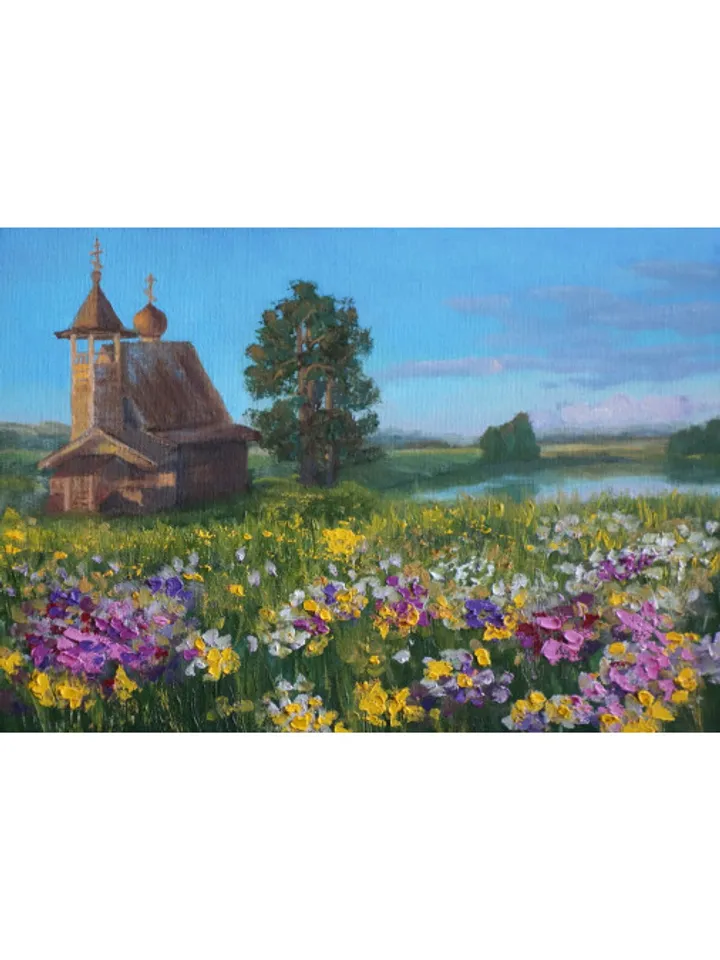 Oil painting summer Landscape Church