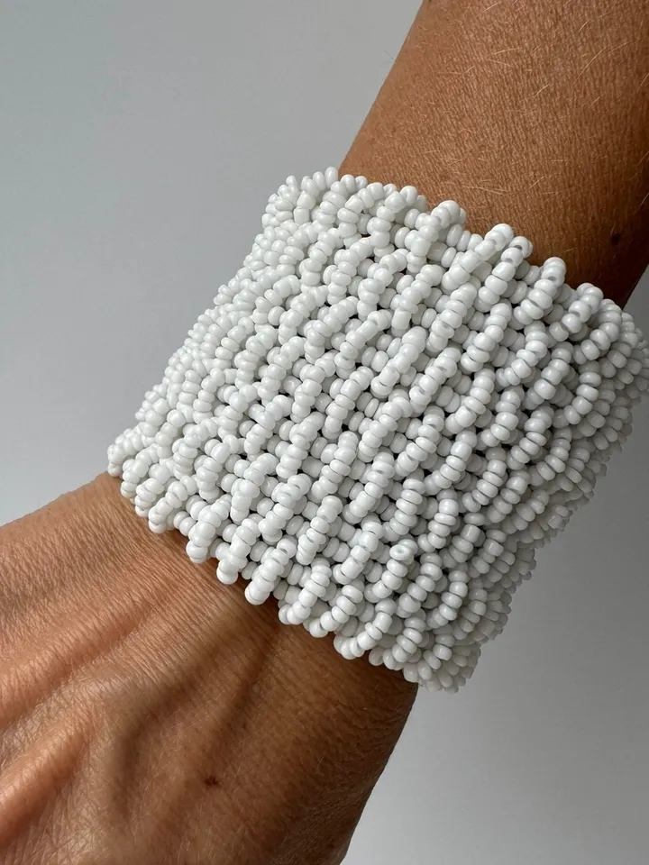 Wide Beaded Handmade Women Bracelet | White Bracelet | Bead Bracelet | Red  Summer Bracelet | Chic Bracelet | Evening  Classy Bracelet