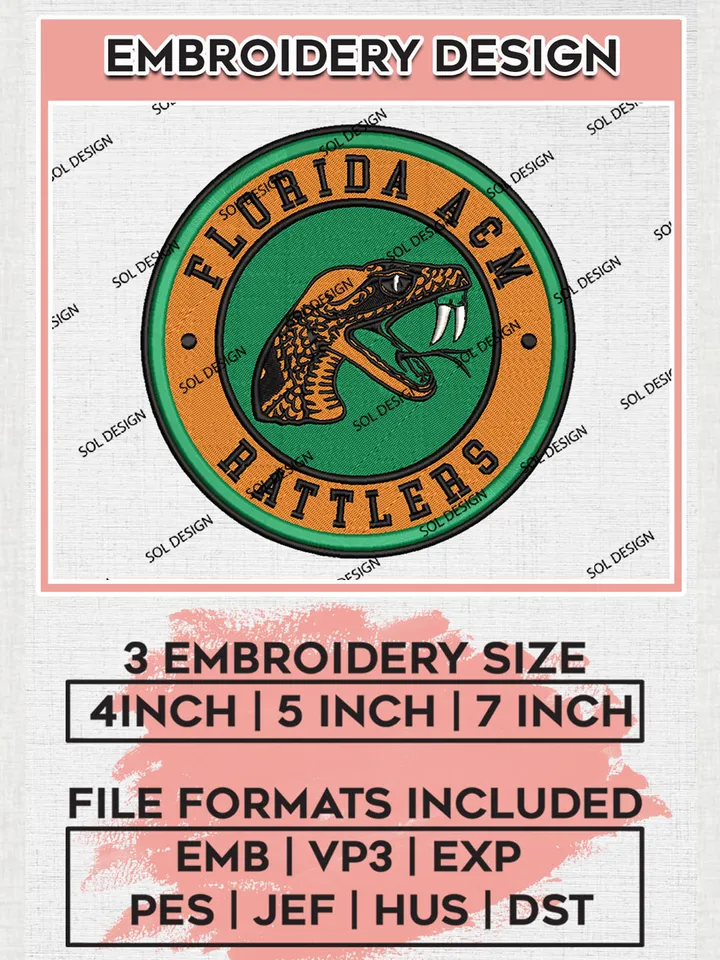 NCAA Florida A&M Rattlers Round Logo Embroidery, NCAA Florida A&M Rattlers Logo Embroidery files, NCAA Teams, Machine embroidery designs, Digital Download