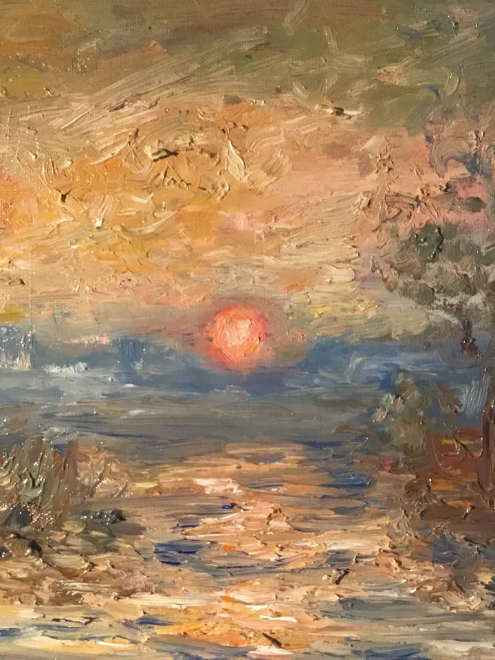 Sunset on the river,original oil painting on canvas board,landscape oil painting
