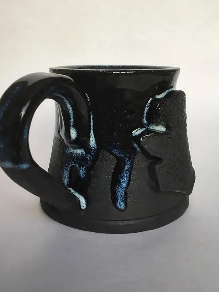 Thor Hammer Mjolnir Huginn and Muninn Black blue glazed dripping stoneware mug