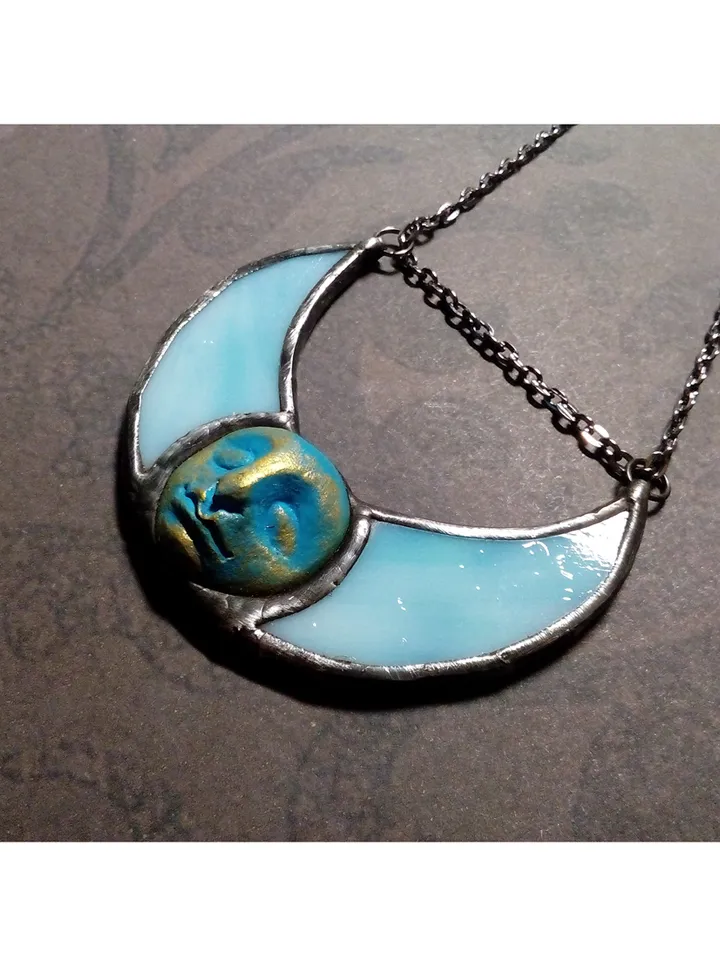 Stained glass blue moon, Moon Goddess, Moon phase necklace, Stainglass crescent, Full moon pendant, Moon face necklace