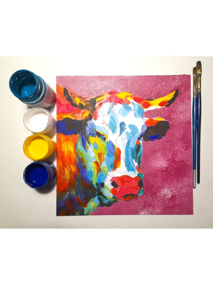 Strawberry Cow Painting Animal Original Art Farm Artwork Acrylic Painting 8.5 by 8.5 Above Sofa Art by TatianaArtShop