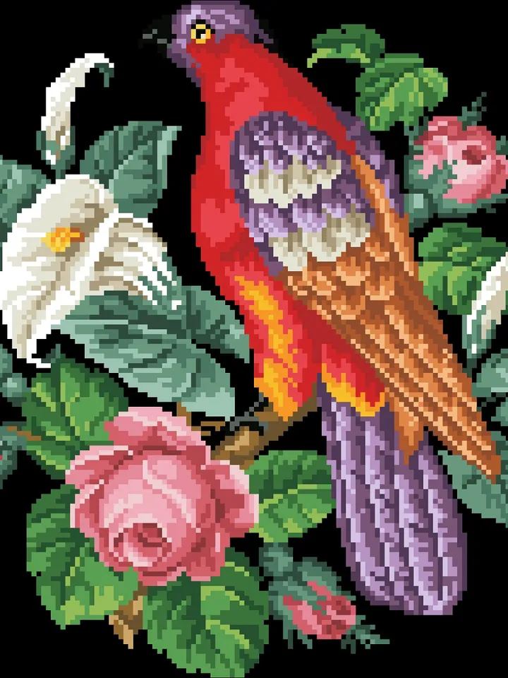 Antique Cross Stitch Pattern Bird on a Branch with Flowers Counted Digital Download PDF