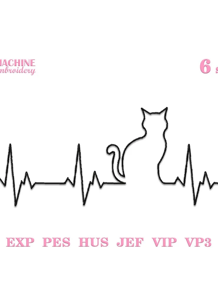 Cat heartbeat embroidery designs Machine embroidery pattern 6 size Embroidery files cat silhouette as outline embroidery Cat lover gift #R24